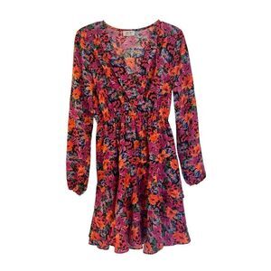 Anna Kay orange and pink floral faux wrap long sleeve dress m
